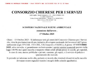 Avviso del Consorzio Chierese per i Servizi - Sciopero nazionale igiene ambientale 17 ottobre 2025 